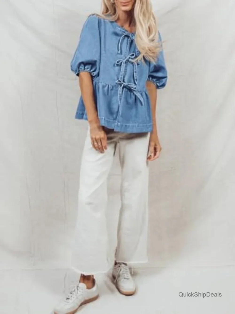 Womens Denim Tie Front Babydoll Peplum Puff Sleeve Jean Shirt Blouse